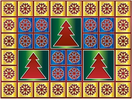christmas golden snowflakes and green trees on red backgroundの写真素材
