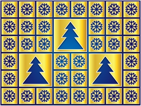Christmas icons golden flakes and trees on a blue backgroundの写真素材