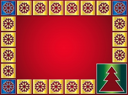 Christmas icons golden flakes and trees on a red backgroundの写真素材