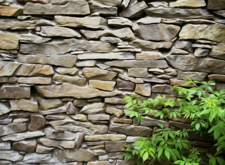 oil painting stone wall with green bushes at the bottom of Figureの写真素材