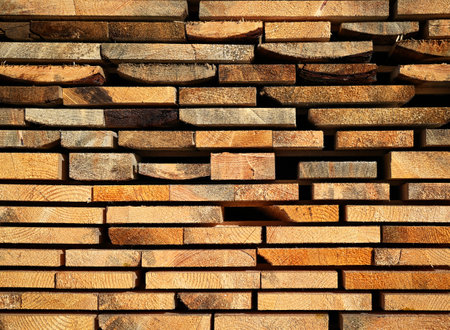 background or texture detail on the stored wooden boardsの写真素材