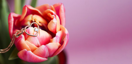 Gold pendant with a heart on a bright blooming tulip. Symbol of love. March 8th. Birthday.