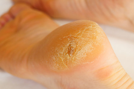 Cracked corn on a mans heel close-up. Selective focus.の写真素材