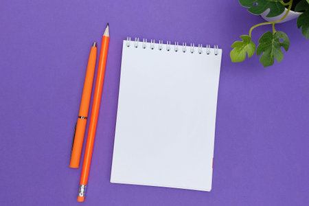 View from above. Orange pen, pencil, green plant. Purple background. View from above. Orange pen,...