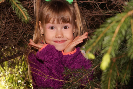 Little girl in purple jacket peeks out from behind a spruce bush. Smile on his face.の写真素材