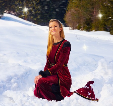 A beautiful young blonde lady in medieval velvet clothing posing in the snowy mountain landscape with fairy starlightsの写真素材