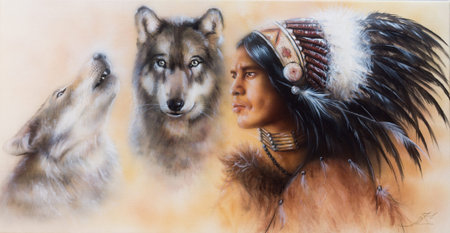 A beautiful airbrush painting of an young indian warrior accompanied with two wolvesの写真素材