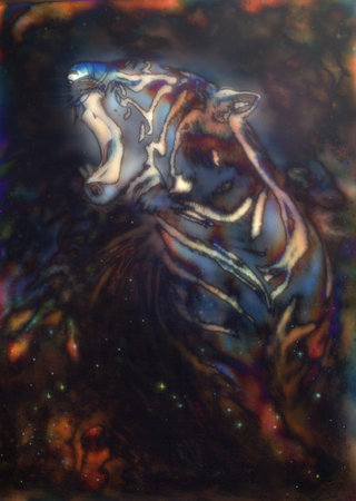 A beautiful airbrush painting of a mighty roaring tiger emerging from an abstract cosmical background with starlightsの写真素材