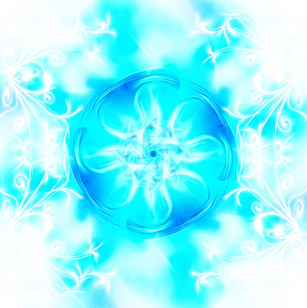 Decorative fractal wallpaper - intricate patterns of blue light  background  with white ornamentの写真素材