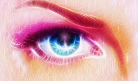 A pair of beautiful blue women eyes beaming  up enchanting from behind a bloming rosa lotus flowerの写真素材