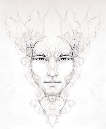 Abstract ornamental  linear drawing of man face,  portrait on paper, eye contact.の写真素材