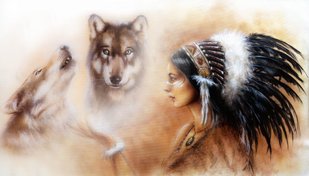 young indian woman wearing a gorgeous feather headdress, with wolves