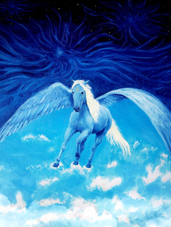 Flying white pegasus horse high up in the skies, beautiful detailed oil painting on canvasの写真素材