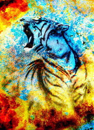 painting abstract tiger collage on color abstract  background,  rust structure, wildlife animalsの写真素材