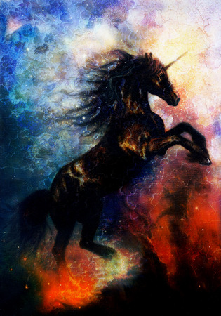 painting on canvas of a black unicorn dancing in space, desert effectの写真素材