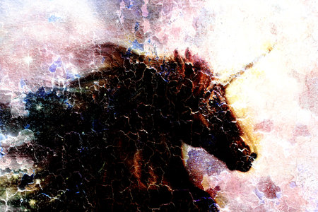 Horse,  black unicorn in space, illustration abstract desert color background, profile portrai, crackle effectの写真素材