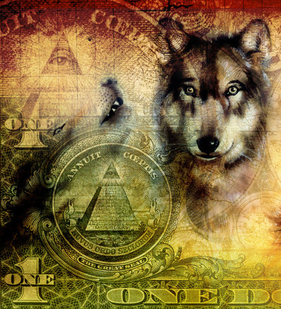 one dollar collage with wolf head painting on canvas sepia color ornamental and green background...