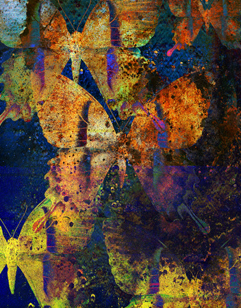 illustration of a color butterfly, mixed medium, structure  background.の写真素材