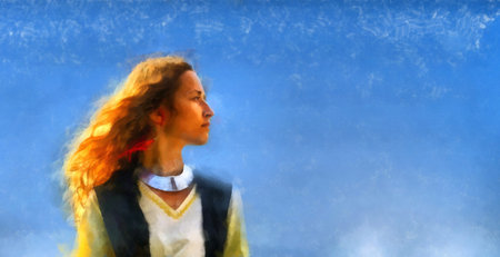 woman in a medieval dress and blue sky background, computer painting collage, copy space.の写真素材