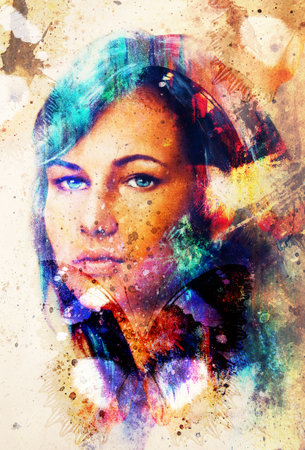 illustration of a butterfly, mixed medium, color background.の写真素材