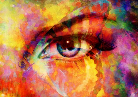 color butterflies and woman eye, mixed medium, abstract color background.の写真素材