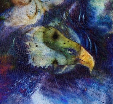 painting collage of eagle on an abstract color background.の写真素材
