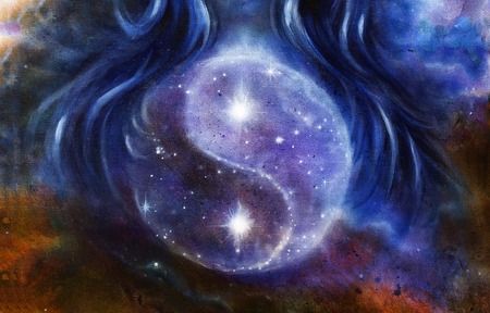 Yin Yang Symbol in space with  stars, about woman hair, original painting.の写真素材