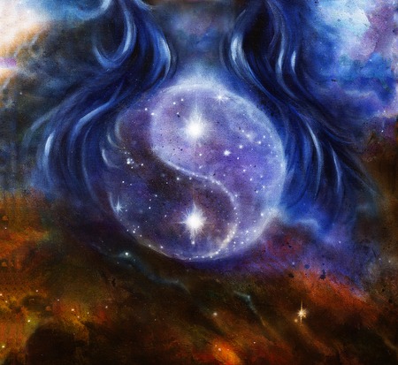 Yin Yang Symbol in space with  stars, about woman hair, original painting.の写真素材