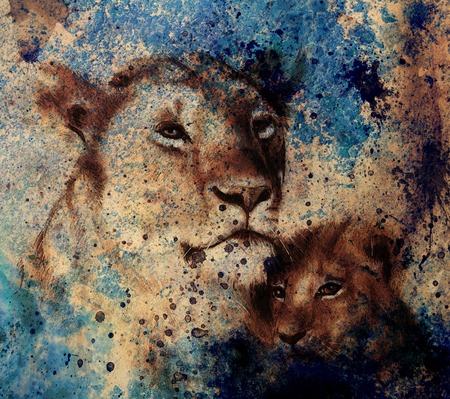 lion mother and lion cub, painting on paper. with spots abstract background, rust structure and old vintage style.の写真素材