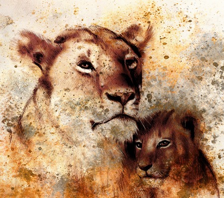 lion mother and lion cub, painting on paper. with spots abstract background, rust structure and old vintage style.の写真素材