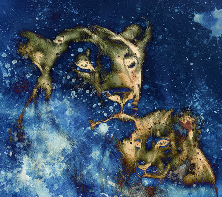 lion mother and lion cub, painting on paper. with spots abstract background, rust structure and old vintage style.の写真素材