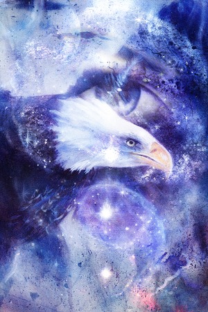 painting eagle with woman eye on abstract background and Yin Yang Symbol in space with stars. Wings to fly, USA Symbols Freedom.の写真素材