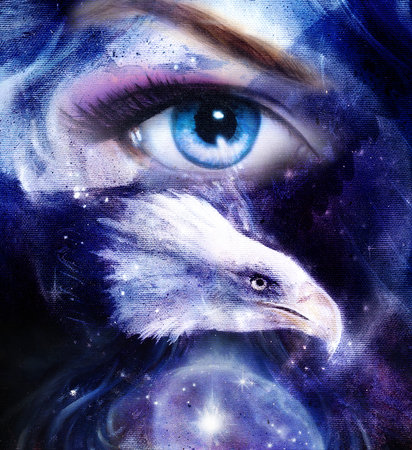 painting eagle with woman eye on abstract background  in space with stars. Wings to fly, USA Symbols...