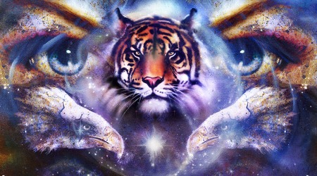 painting eagles and tiger with woman eyes on abstract background in space with stars. Wings to flyの写真素材
