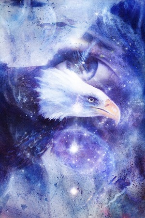 painting eagle with woman eye on abstract background and Yin Yang Symbol in space with stars. Wings to fly, USA Symbols Freedom.の写真素材