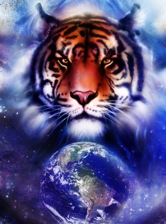 painting  tiger on color cosmic space background, wildlife animals. With Earth and starsの写真素材