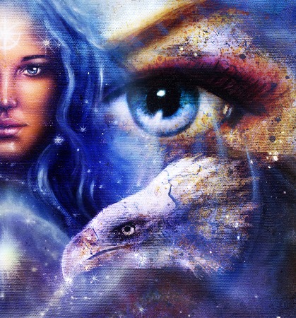 Goddess Woman in space with light stars and eagles head, women  Eye contact, Abstract color background..の写真素材