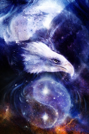 painting eagle on abstract background and Yin Yang Symbol in space with stars. Wings to fly, USA Symbols Freedom. Vintage style picture. Yin Yang Symbol in space with  starsの写真素材