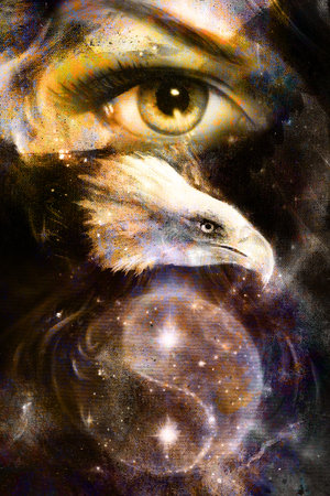 painting eagle with woman eye on abstract background and Yin Yang Symbol in space with stars. Wings to fly, USA Symbols Freedom.の写真素材
