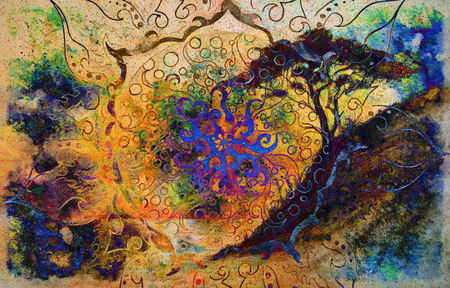 Painting sunset, sea and trees, wallpaper landscape and ornamental mandala. Oriental background collage.の写真素材