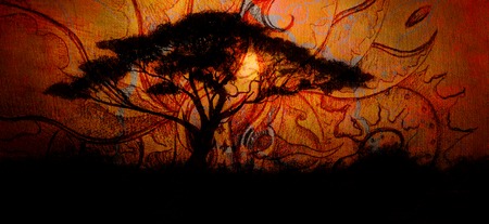 Painting tree and sunset, wallpaper landscape and ornamental structure. Oriental background collage.の写真素材