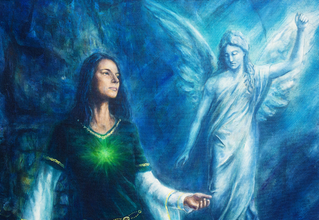 mystic woman  in historical dress with ornament and angel. Spiritual concept. Painting on canvas with abstract blue backgroundの写真素材