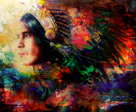 beautiful painting of a young indian warrior wearing a gorgeous feather headdress, profile portrait. computer collageの写真素材
