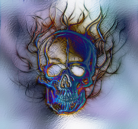 Skull. glass and fractal effect. Color abstract background, computer collageの写真素材