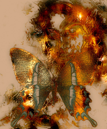 Beautiful Goddness women and color butterfly, mixed media, abstract color background, Golden effectの写真素材