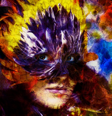 computer painting collage young indian woman wearing a feather headdress, a profile portrait on structured abstract background.の写真素材