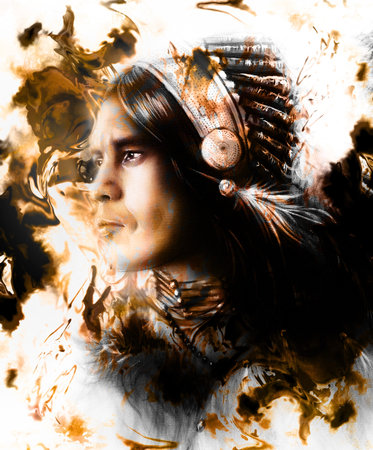 beautiful painting of a young indian warrior wearing a gorgeous feather headdress, profile portrait,...