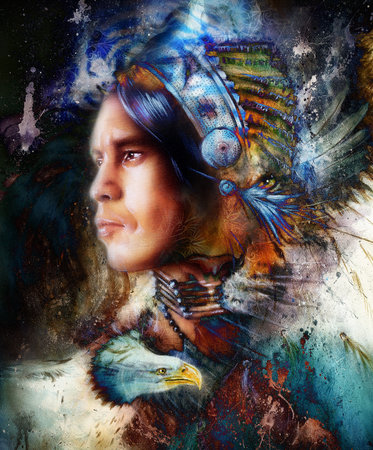 painting young indian warrior wearing a gorgeous feather headdress, and eagle with tiger. profile portrait, abstract color backgroundの写真素材
