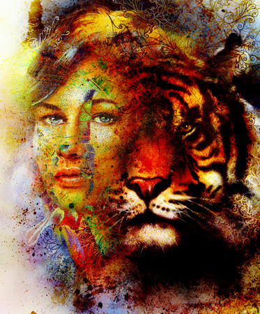 painting of a bright mighty tiger head on ornamental background and mystic woman face, computer collageの写真素材