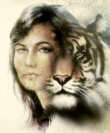 painting of a bright mighty tiger head on ornamental background and mystic woman face, computer collageの写真素材